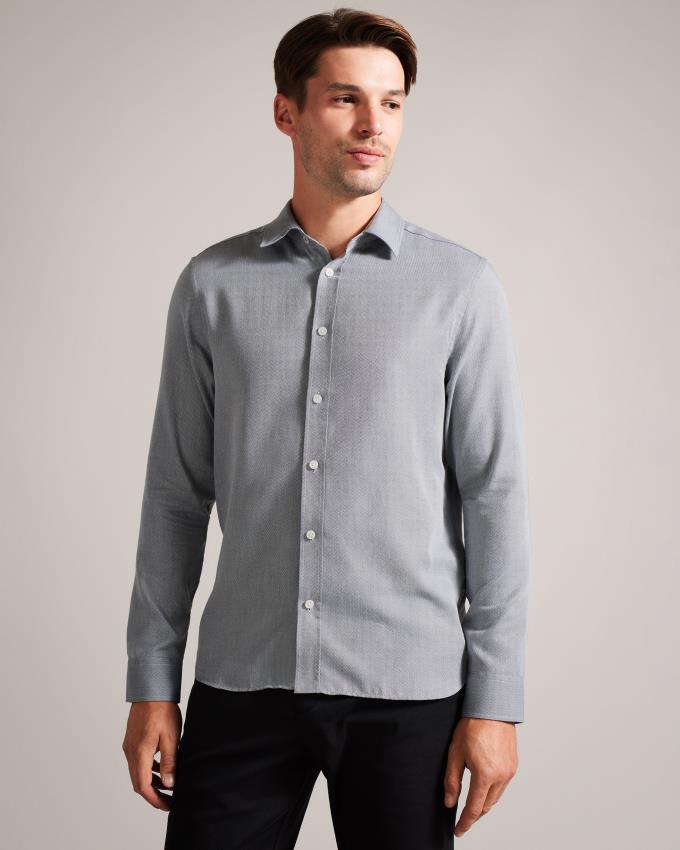 Chemises Ted Baker Long Sleeve Herringbone Grise Clair Homme | TKM-45446249